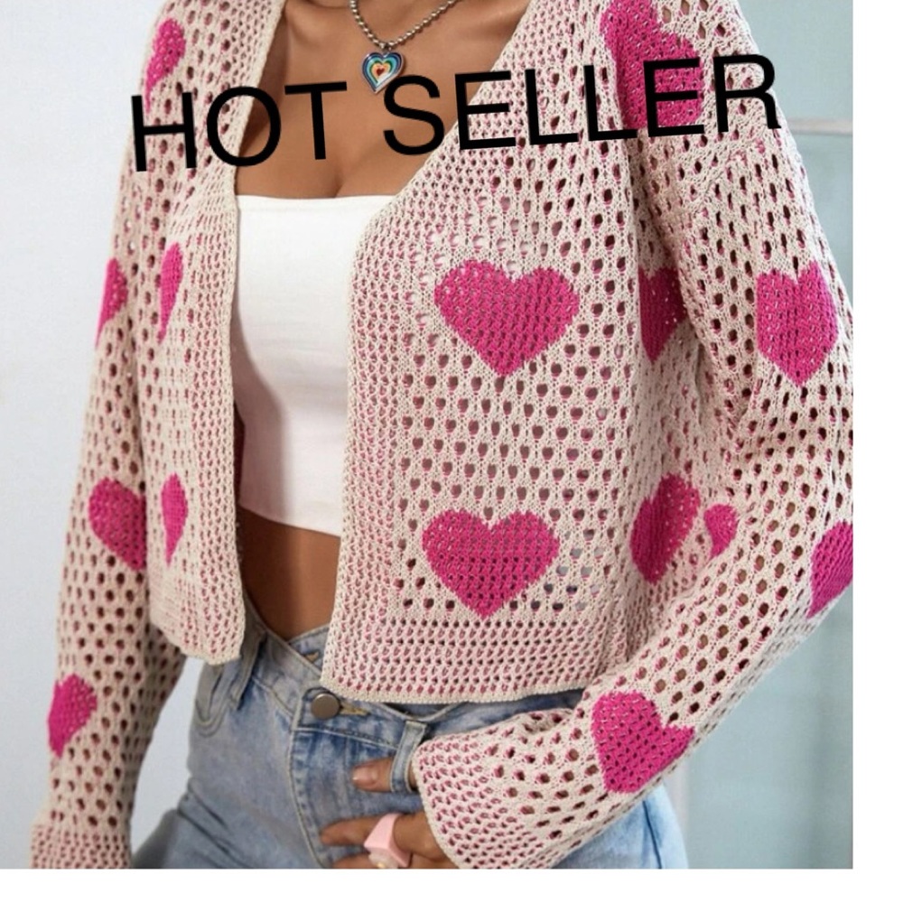 Delilah Wear Crochet Heart Cardigan - Cream & Hot Pink
